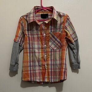 Colorful Plaid Kids Button Down Shirt with Gray Sleeves